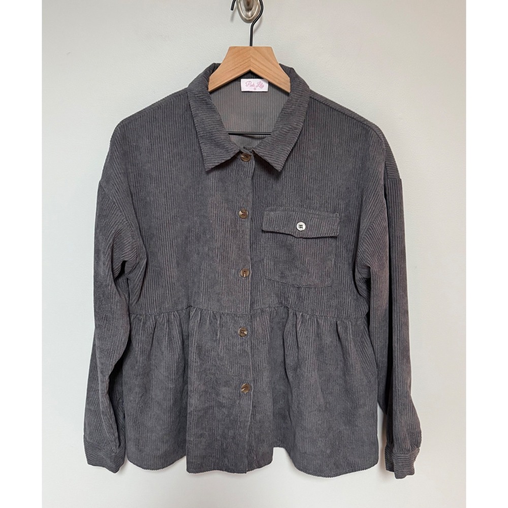 Pink Lily Corduroy‎ Peplum Gray Shacket Button Down Jacket Women's Size Medium